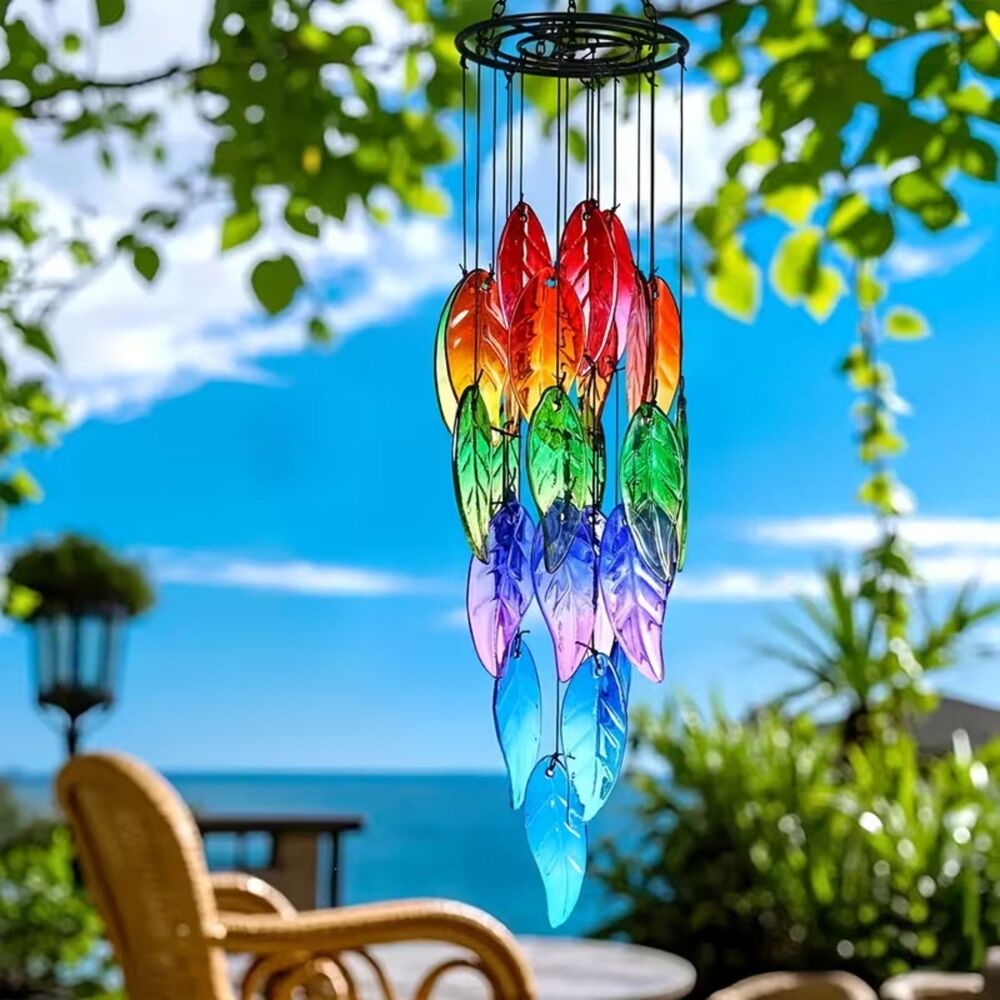 Stained Glass Leaves Wind Chimes Rainbow Durable Glass Hanging Porch Garden